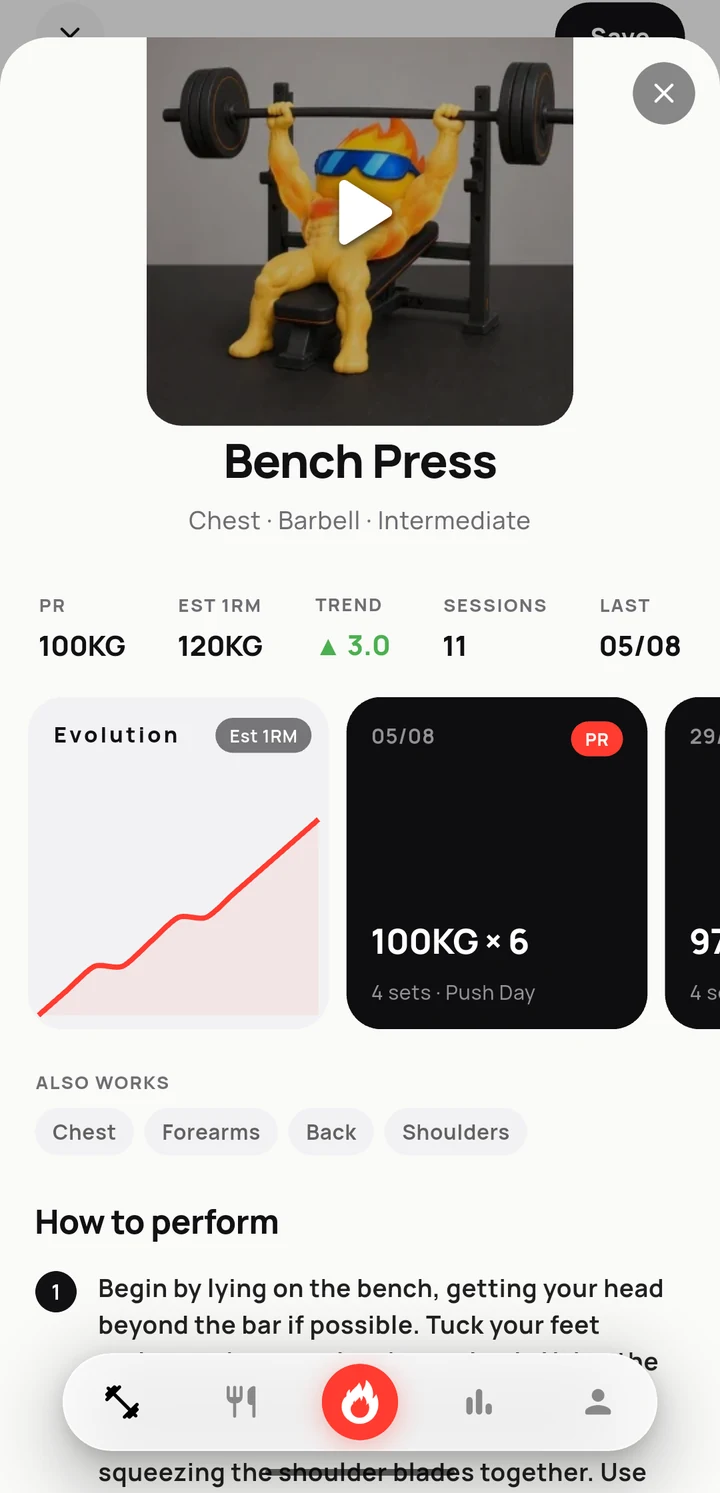 JIMI — Bench Press detail: 100 kg PR, 120 kg estimated 1RM and the est-1RM evolution curve