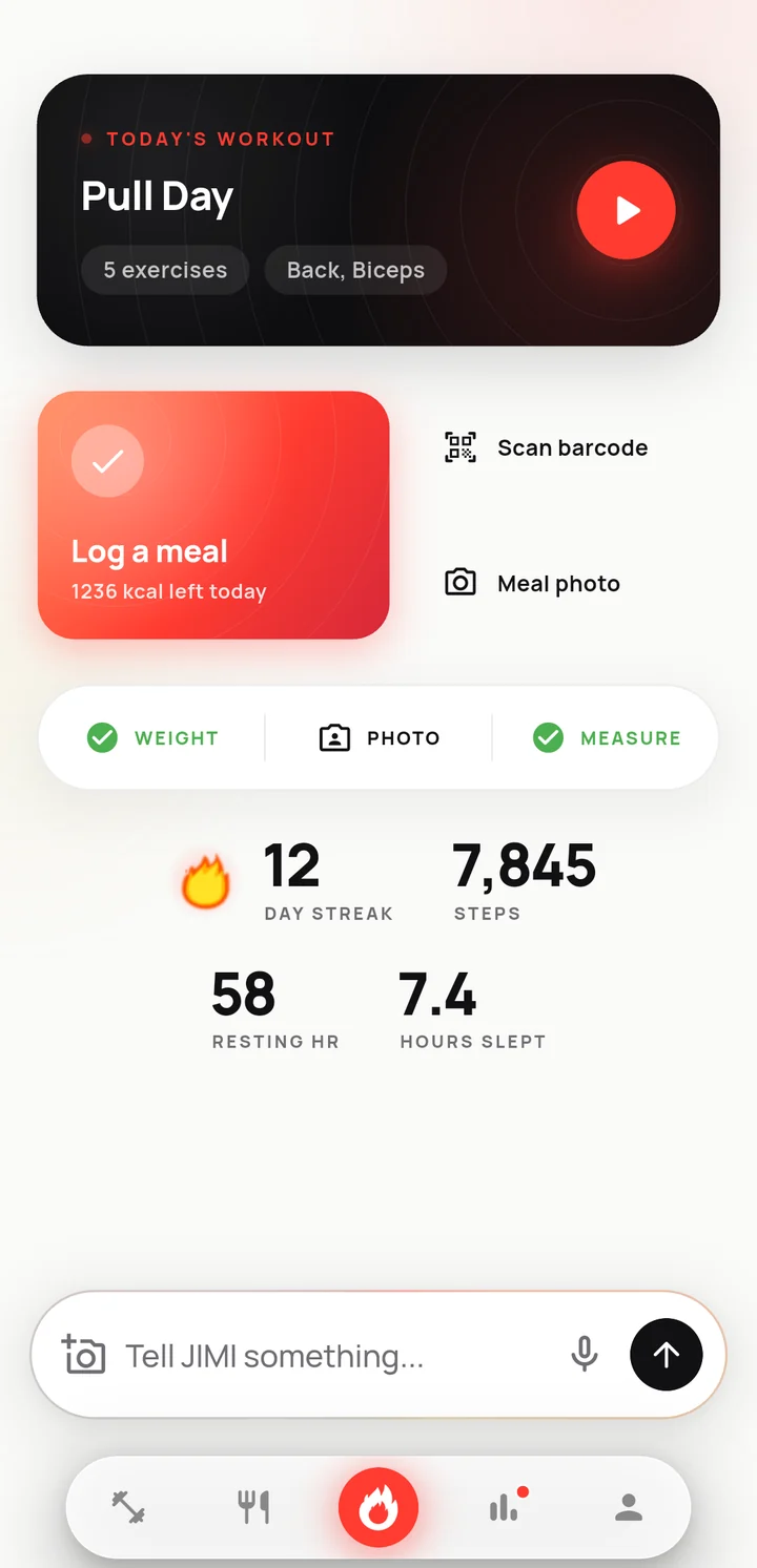 JIMI — today's workout, streak and daily stats