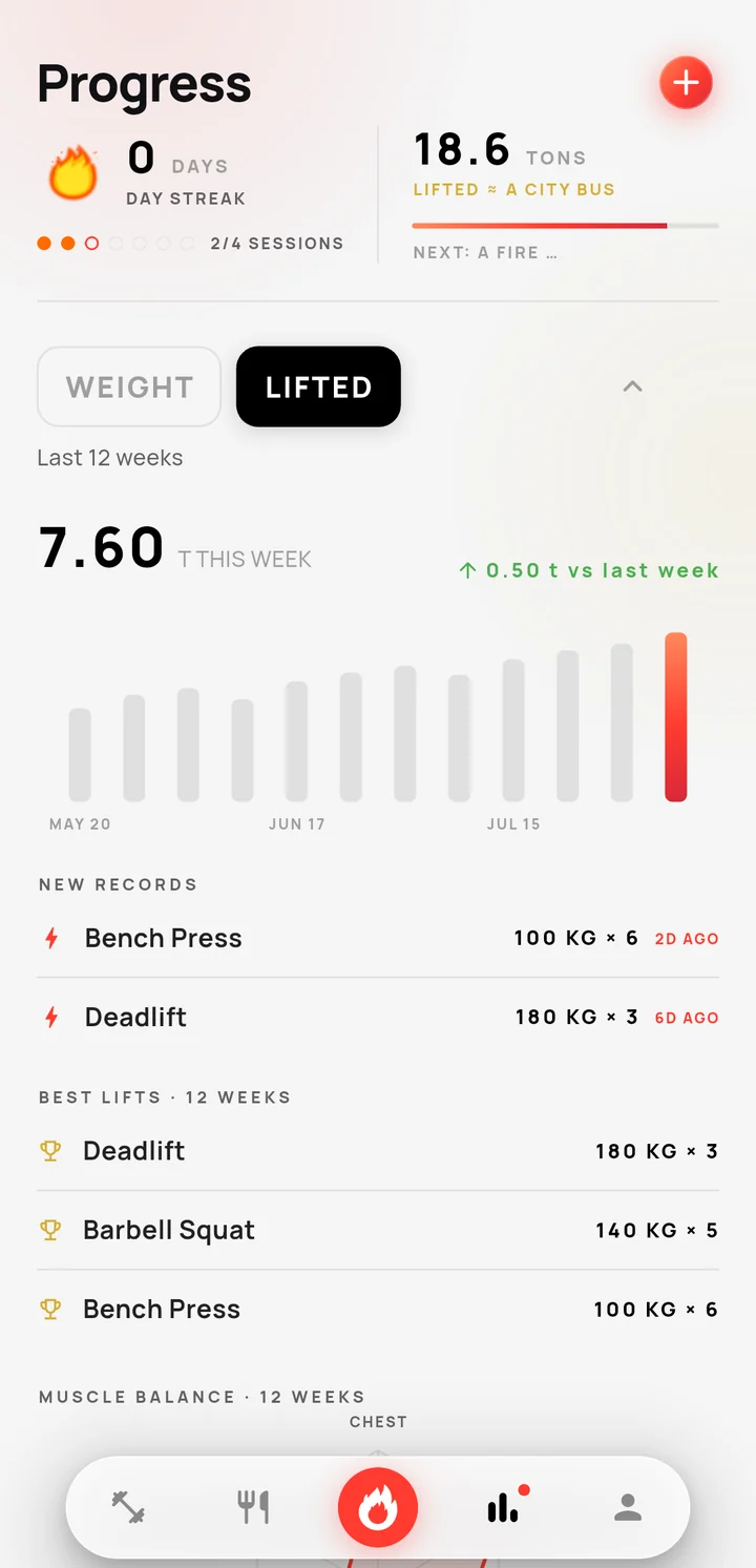Progress tab with tonnage chart and lift records