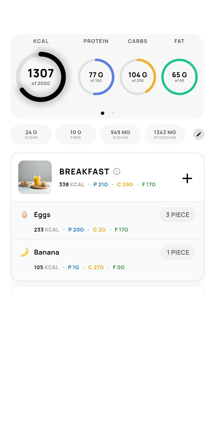 Nutrition dashboard with macro rings and logged meals