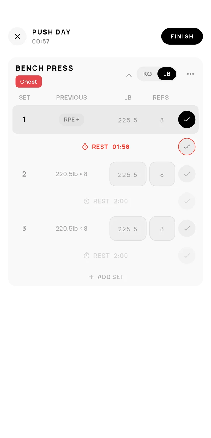 Live workout logging with rest timer