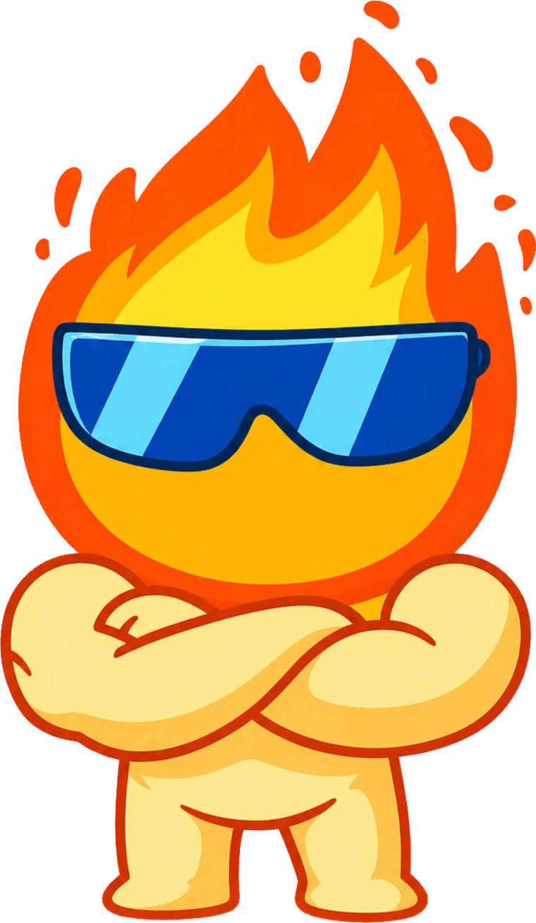 Jimi, the JIMI flame mascot, arms crossed and smiling
